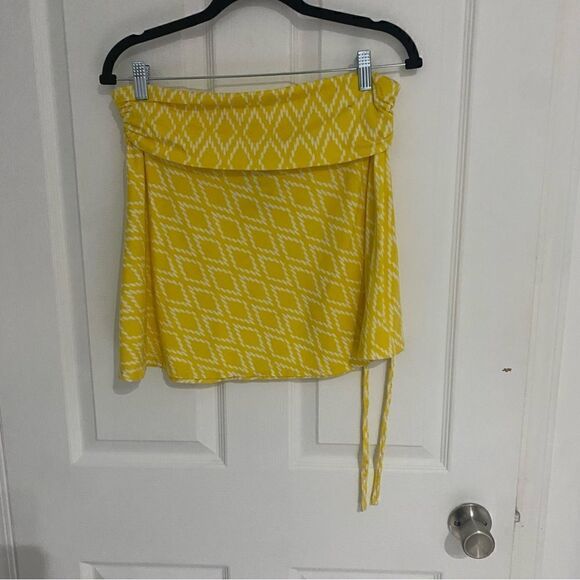 Patagona Yellow Summer Printed Ruched Cotton Tencel Lyocell Mini Skirt Size L - Picture 2 of 5